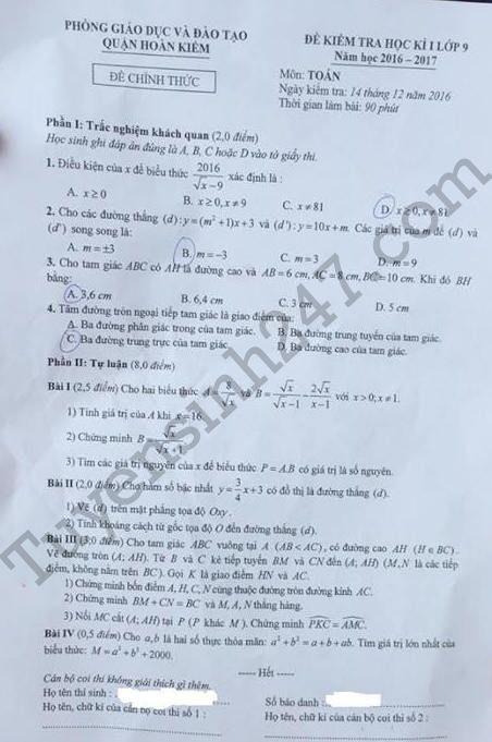 Đề thi cuối học kì 1 môn Toán lớp 9 - Quận Hoàn Kiếm năm 2017