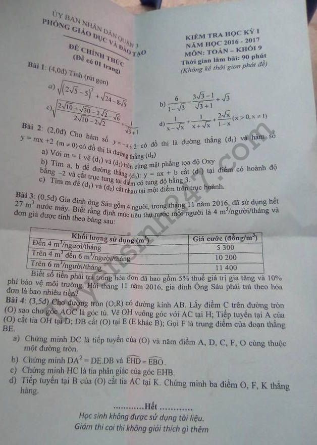 Đề thi học kì 1 môn Toán lớp 9 - Quận 3 năm 2017