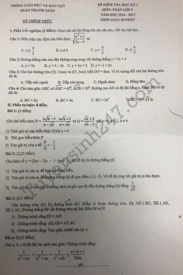 Đề thi học kì 1 lớp 9 môn Toán 2017 - Quận Thanh Xuân