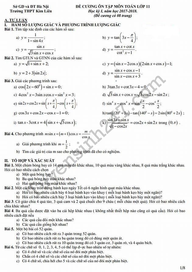 Đề cương ôn tập kì 1 môn Toán lớp 11 - THPT Kim Liên 2017