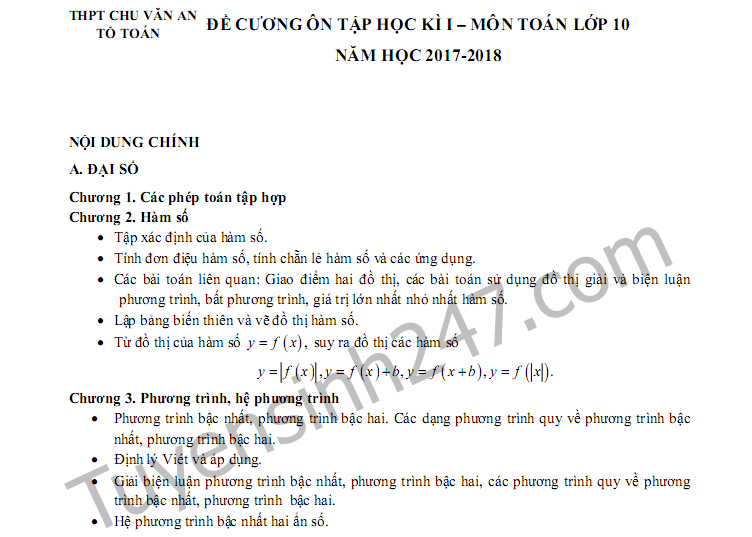 Đề cương ôn tập kì 1 lớp 10 môn Toán 2017 - THPT Chu Văn An