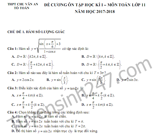 Đề cương ôn tập học kì 1 lớp 11 môn Toán 2017 - THPT Chu Văn An