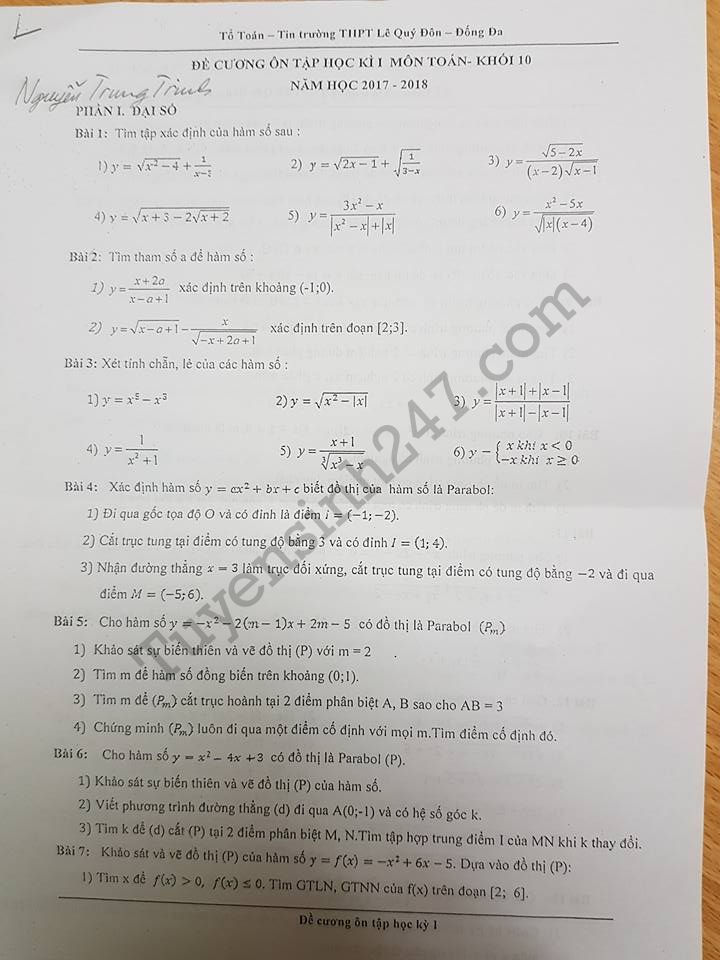 Đề cương ôn tập kì 1 môn Toán lớp 10 - THPT Lê Quý Đôn năm 2017 