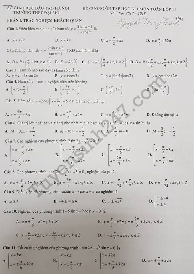 Đề cương ôn tập học kì 1 năm 2017 môn Toán lớp 11 - THPT Đại Mỗ