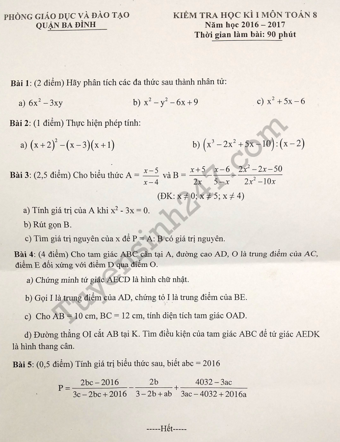 Đề thi môn Toán lớp 8 học kì 1 - Quận Ba Đình năm 2017
