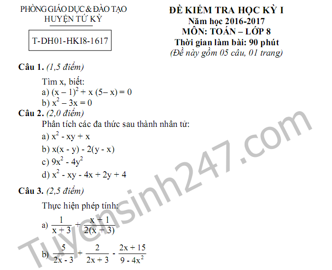 Đề thi học kì 1 lớp 8 môn Toán trường THCS Tứ Kỳ 2017