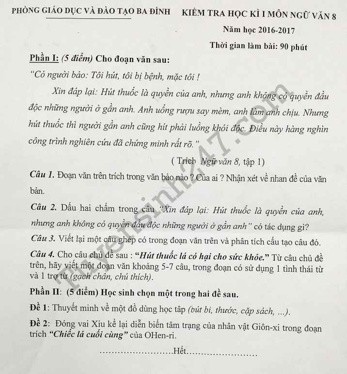 Đề thi học kì 1 lớp 8 môn Văn - quận Ba Đình 2017
