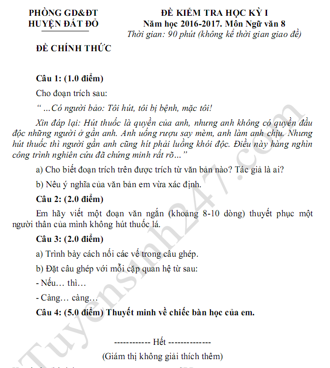 Đề thi cuối học kì 1 lớp 8 môn Văn - Đất Đỏ 2017