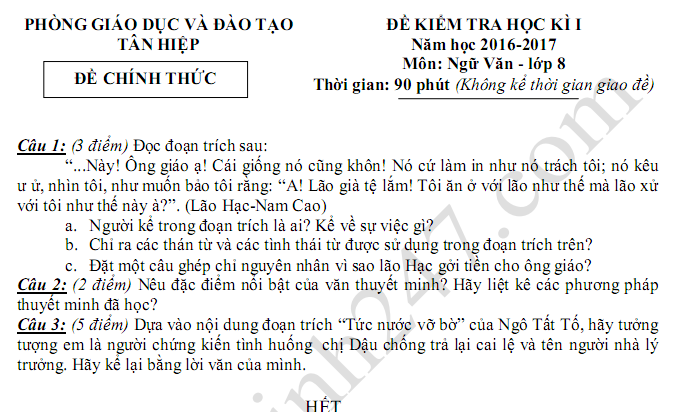 Đề kiểm tra học kì 1 môn Văn lớp 8 - Tân Hiệp 2017