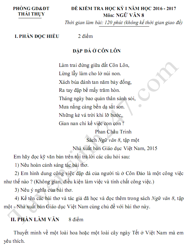 Đề kiểm tra học kì 1 lớp 8 môn Văn - Thái Thụy năm 2017