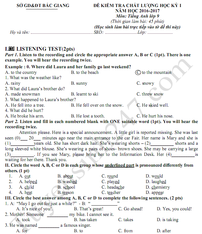 Đề thi học kì 1 lớp 9 môn Anh - Bắc Giang năm 2017