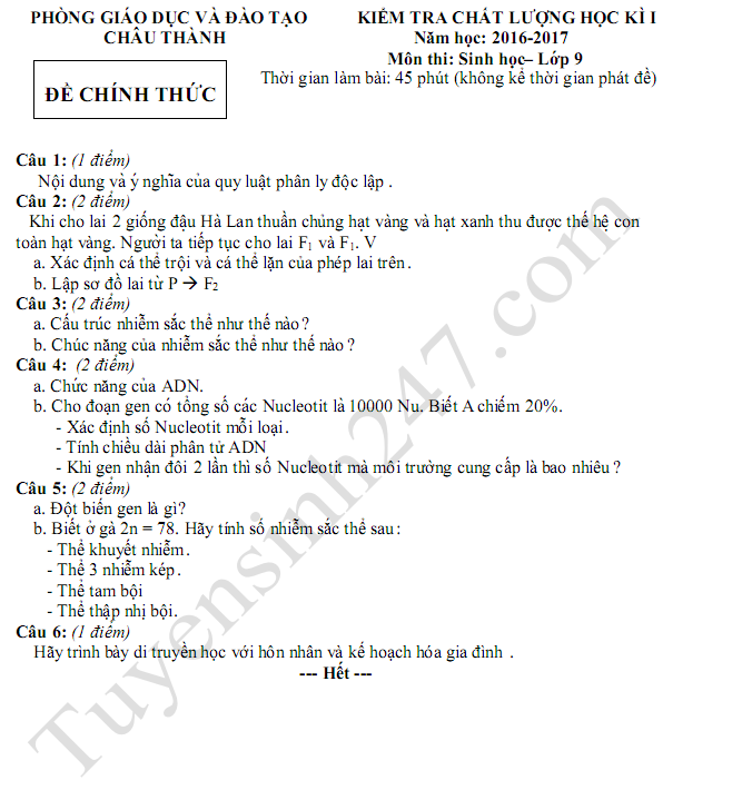 Đề thi học kì 1 lớp 9 môn Sinh 2017 - huyện Châu Thành