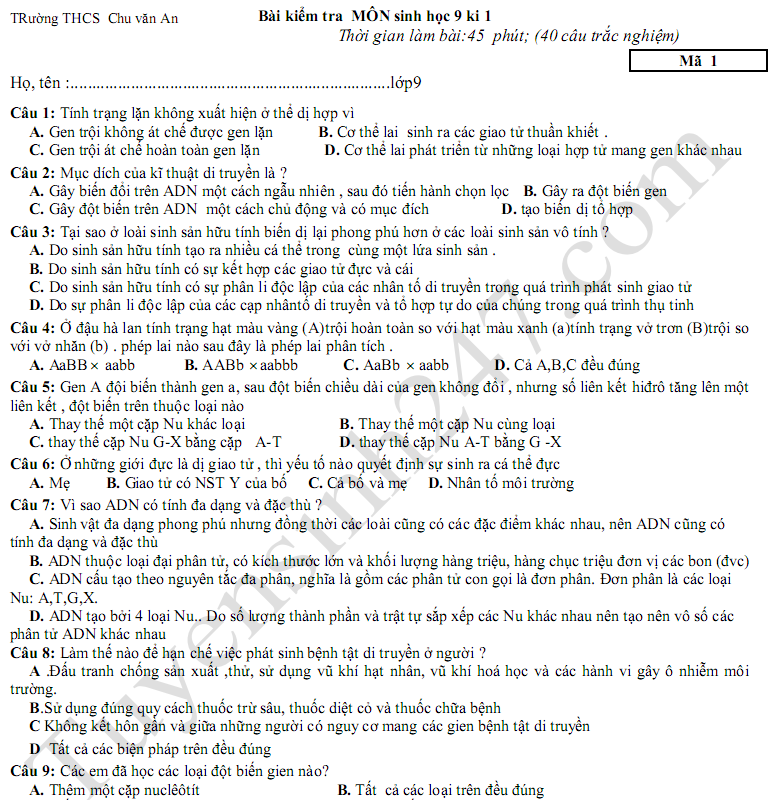 Đề kiểm tra cuối kì 1 môn Sinh lớp 9 - THCS Chu Văn An năm 2017