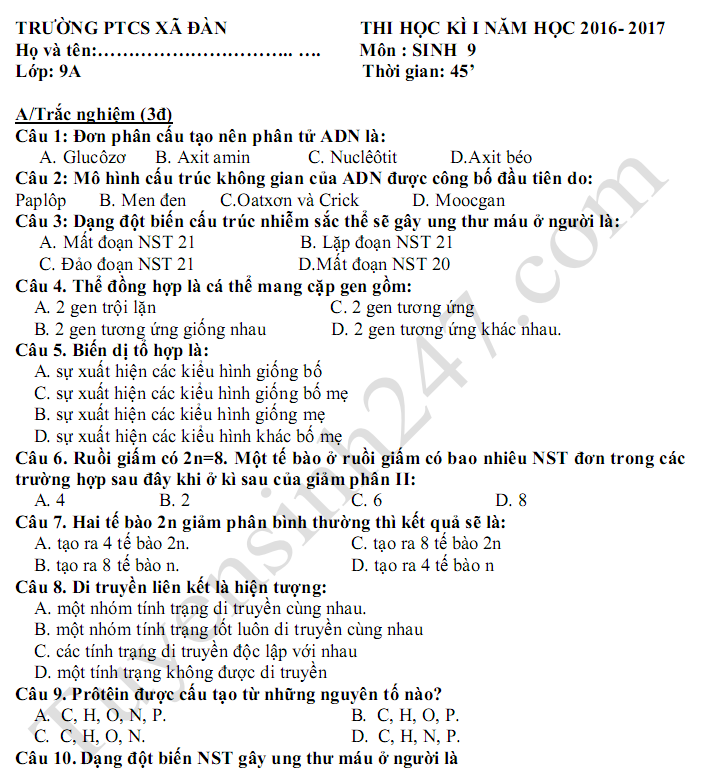 Đề thi học kì 1 môn Sinh lớp 9  - PTCS Xã Đàn 2017