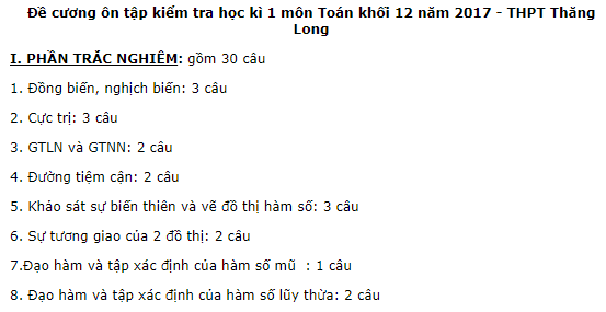 Ôn tập kiểm tra học kì 1 năm 2017 môn Toán khối 12 - THPT Thăng Long