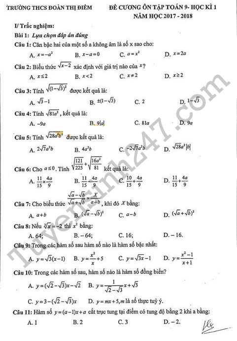 Đề cương ôn tập học kì 1 năm 2017 lớp 9 môn Toán - THCS Đoàn Thị Điểm