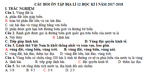 Đề cương ôn tập môn Địa lớp 12 học kì 1 - THPT Thăng Long năm 2017