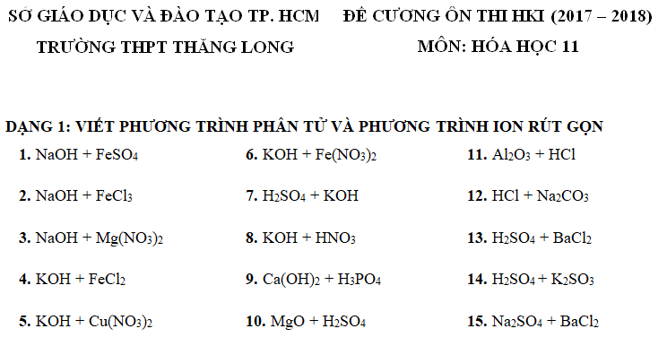 Tài liệu ôn tập học kì 1 lớp 11 môn Hóa - THPT Thăng Long năm 2017