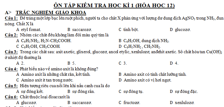 Đề ôn tập kiểm tra môn Hóa lớp 12 học kì 1 - THPT Thăng Long 2017