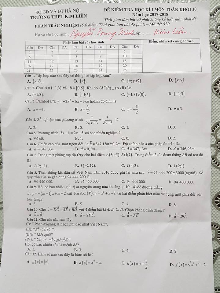 Đề thi học kì 1 môn Toán lớp 10 - THPT Kim Liên 2017 - 2018