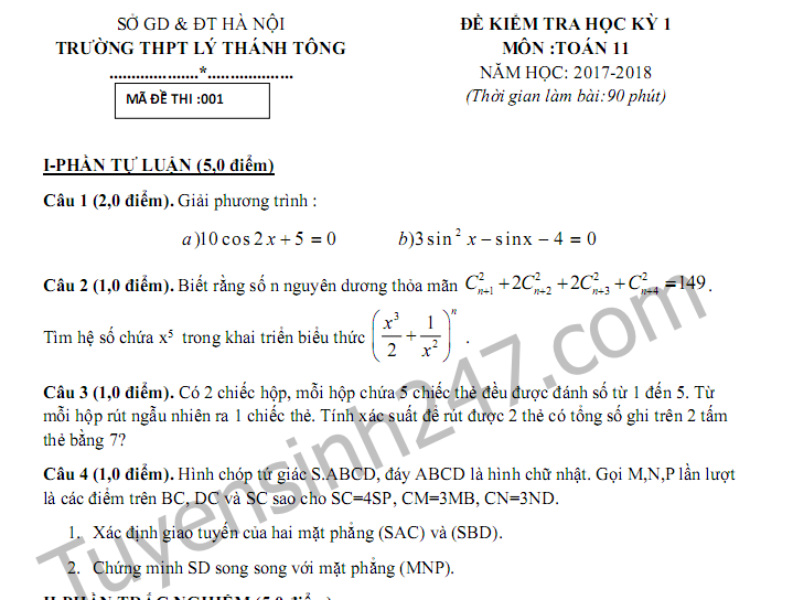 Đề kiểm tra học kì 1 lớp 11 môn Toán - THPT Lý Thánh Tông năm 2017