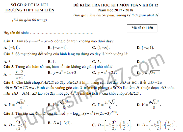 Mới - Đề thi học kì 1 lớp 12 môn Toán THPT Kim Liên năm 2017 - 2018