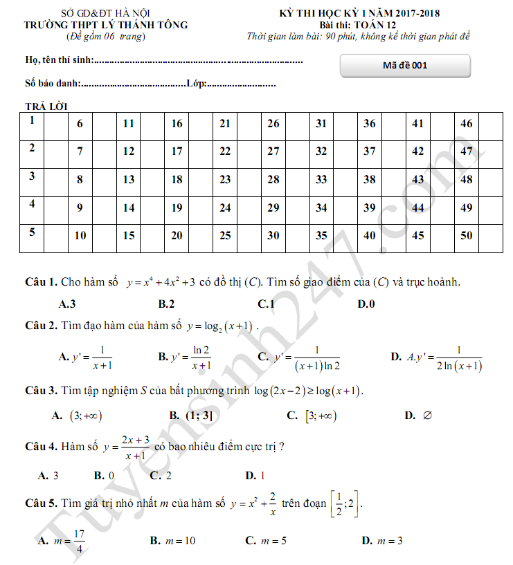 Đề thi học kì 1 môn Toán lớp 12 năm 2017 - THPT Lý Thánh Tông