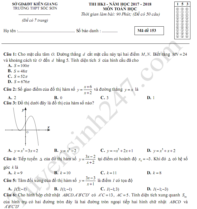 Đề thi học kì 1 môn Toán lớp 12 THPT Sóc Sơn năm 2017 - 2018