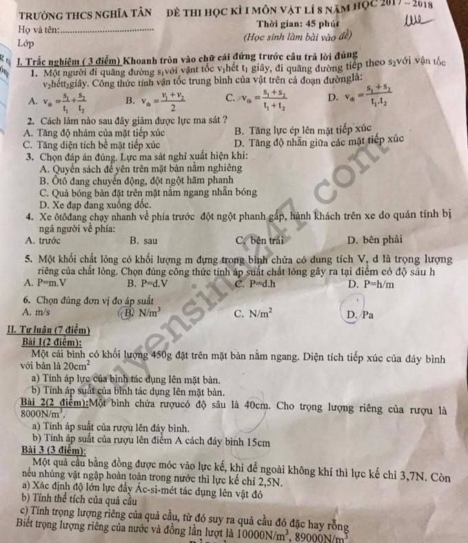 Đề thi học kì 1 lớp 8 môn Lý - THCS Nghĩa Tân năm 2017 - 2018