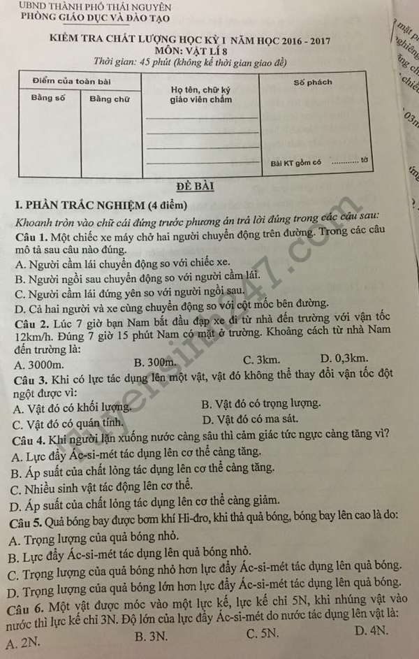 Đề thi học kì 1 lớp 8 môn Lý - Phòng GD Thái Nguyên năm 2017