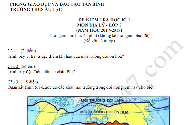 Đề thi học kì 1 lớp 7 môn Địa  trường THCS Âu Lạc 2017 - 2018 