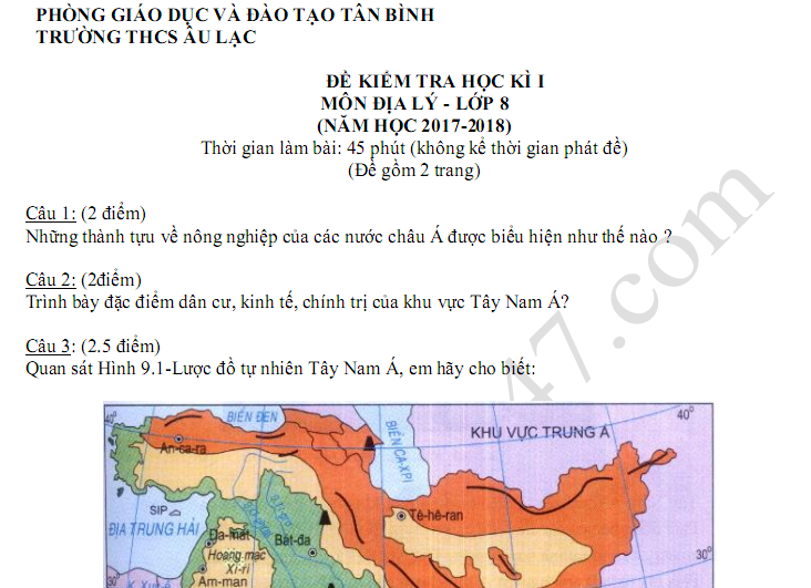 Đề kiểm tra học kì 1 môn Địa lớp 8 năm 2017 - THCS Âu Lạc