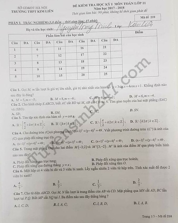 Đề thi học kì 1 lớp 11 môn Toán -  THPT Kim Liên 2017 - 2018