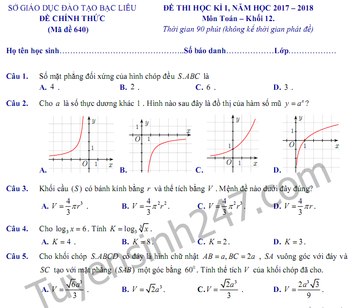 Đề thi học kì 1 môn Toán lớp 12 - Sở GD Bạc Liêu năm 2017