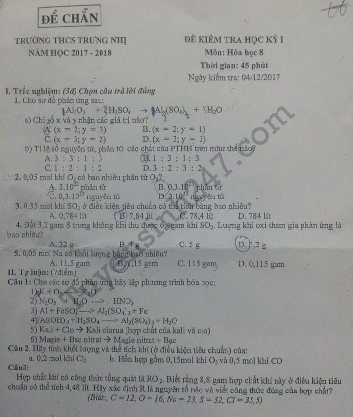 Đề kiểm tra học kì 1 môn Hóa lớp 8 - THCS Trưng Nhị 2017 - 2018