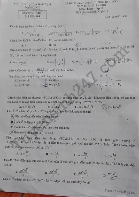 Đáp án đề thi học kì 1 lớp 12 môn Toán năm 2017 - 2018 Sở GD Nam Định