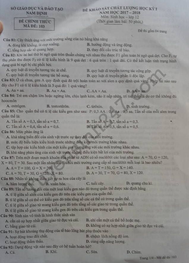 Đề kiểm tra kì 1 lớp 12 môn Sinh - Sở GD Nam Định 2017