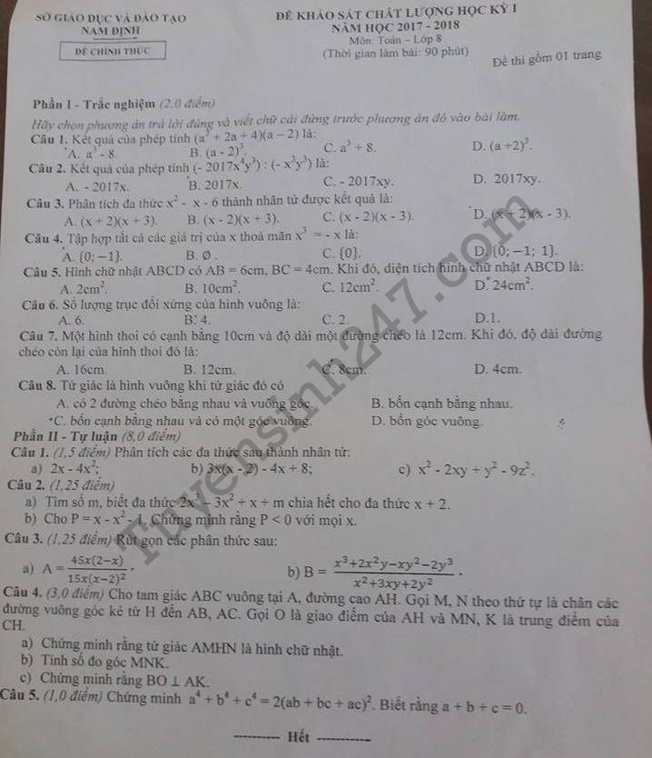 Đề thi học kì 1 năm 2017 lớp 8 môn Toán của Sở GD Nam Định