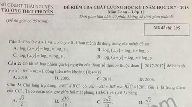 Đề thi kì 1 lớp 12 môn Toán - THPT Chuyên Thái Nguyên 2017-2018