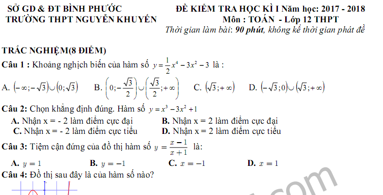 Đề thi kì 1 lớp 12 môn Toán 2017 -  THPT Nguyễn Khuyến