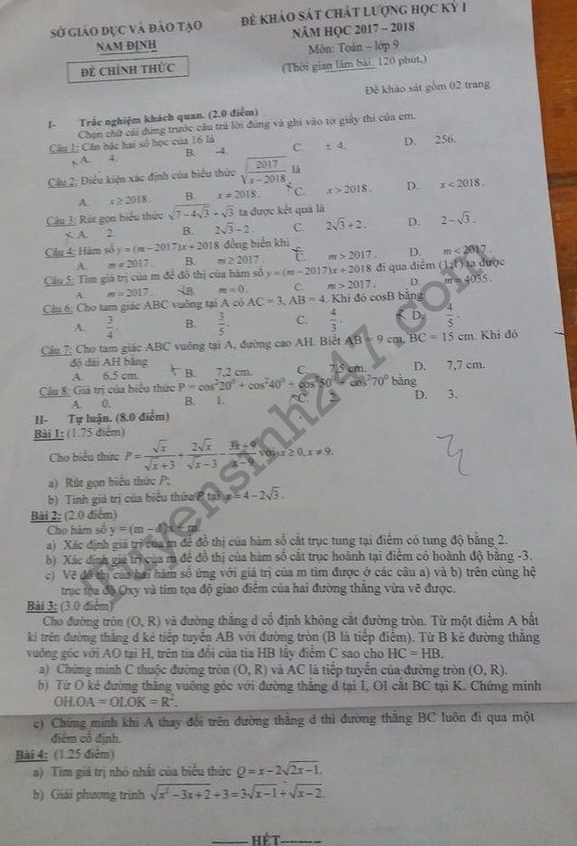 Đề thi học kì 1 môn Toán lớp 9 - Sở GD Nam Định năm 2017