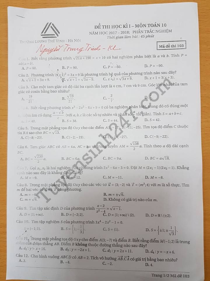 Đề thi học kì 1 năm 2017 lớp 10 môn Toán - THPT Lương Thế Vinh