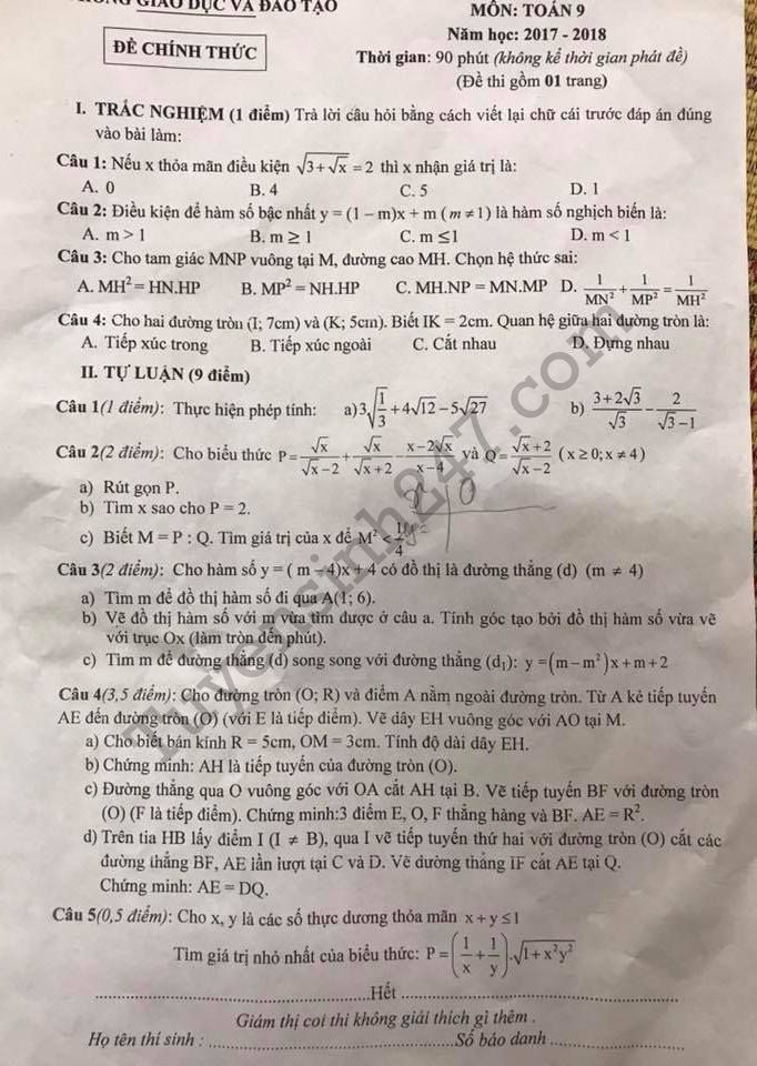 Đề thi học kì 1 môn Toán lớp 9 - Phòng GD Nam Từ Liêm năm 2017 - 2018