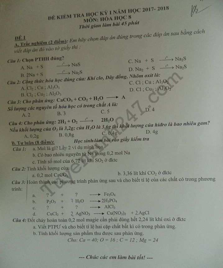 Đề thi kì 1 môn Hóa lớp 8 năm 2017 - THCS Tô Hoàng