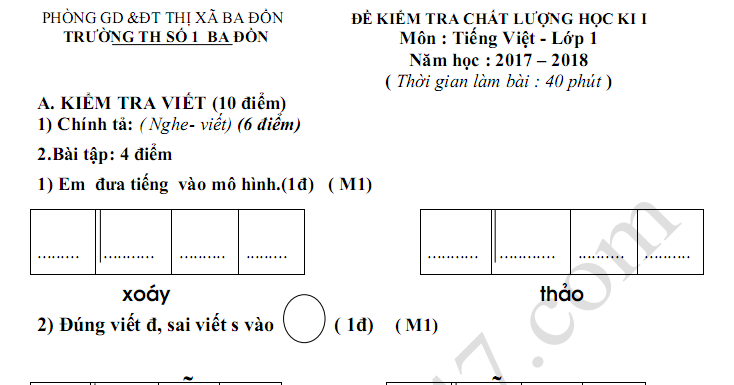 Đề kiểm tra học kì 1 lớp 1 môn Tiếng Việt - TH Số 1 Ba Đồn 2017
