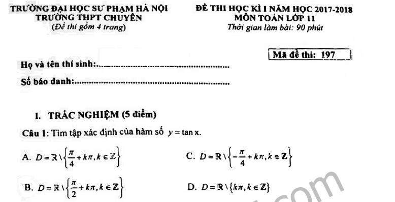 Đề thi học kì 1 năm 2017 lớp 11 môn Toán - THPT Chuyên Sư phạm HN