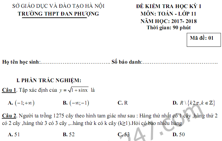 Đề thi học kì 1 lớp 11 môn Toán - THPT Đan Phượng 2017