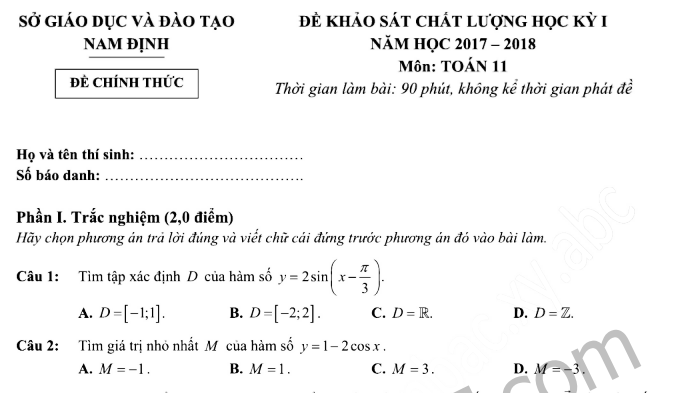 Đề kiểm tra học kì 1 lớp 11 môn Toán -  Sở GD Nam Định 2017 - 2018