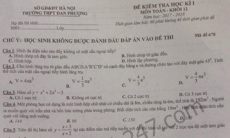 Đề thi cuối học kì 1 môn Toán lớp 12 - THPT Đan Phượng năm 2017