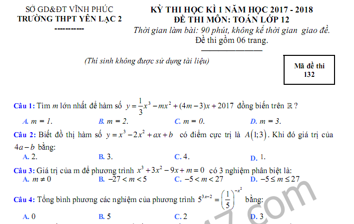 Đề thi học kì 1 lớp 12 môn Toán - THPT Yên Lạc 2 năm 2017